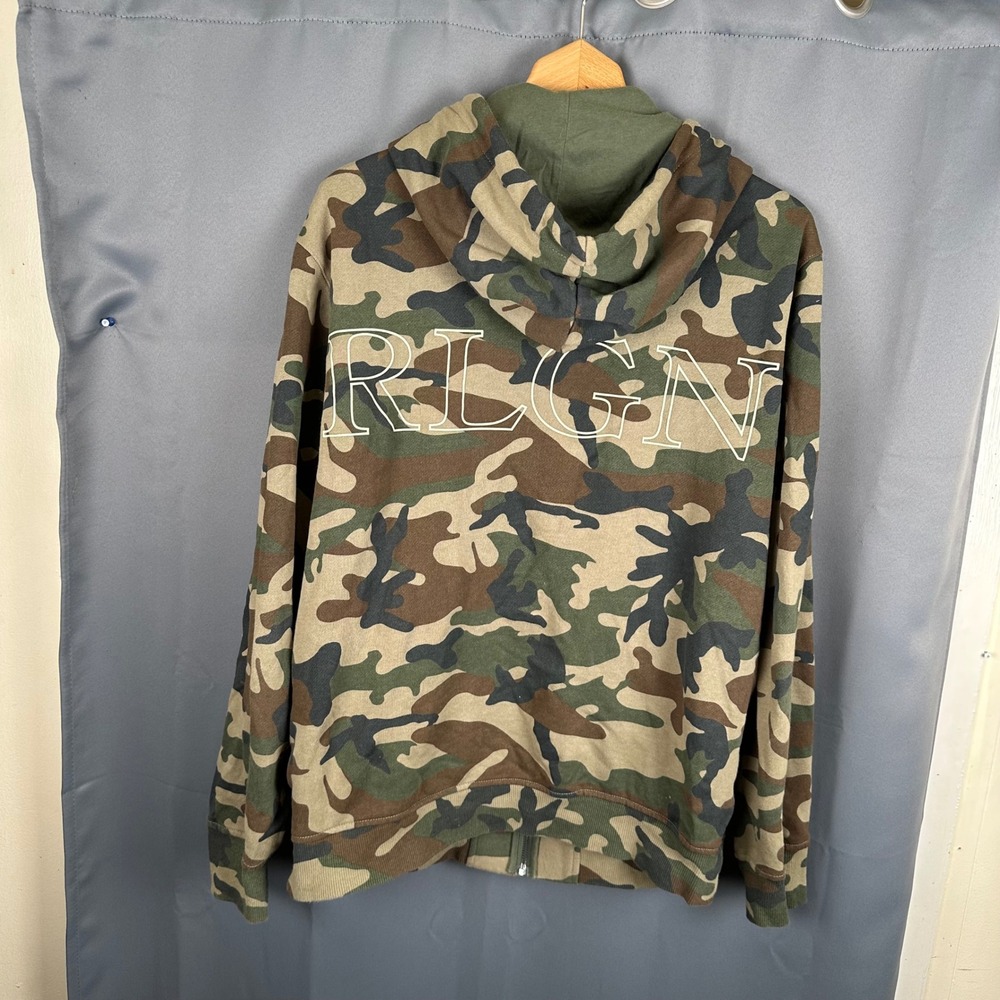 True Religion Mens Camo Full Zip Hoodie TRUE RLGN Embroidered Green Brown XL - Picture 7 of 10